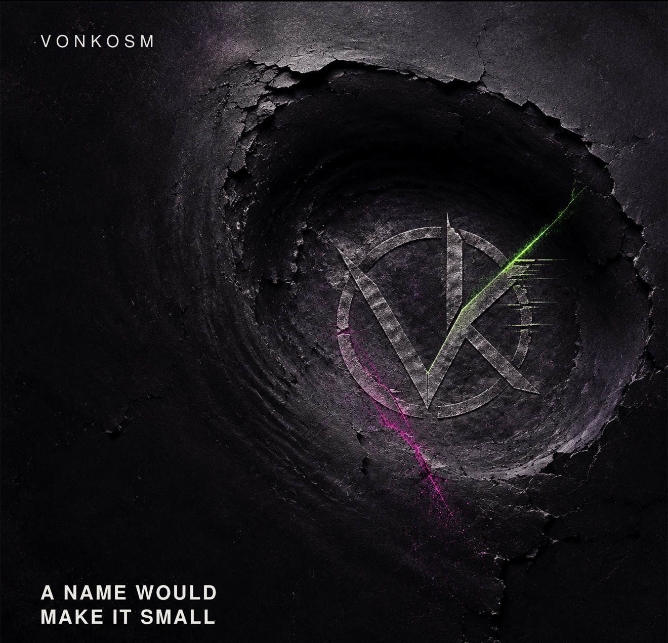 A Name Would Make It Small album cover: a fractured stone crater, silver VK emblem, and magenta and lime accents