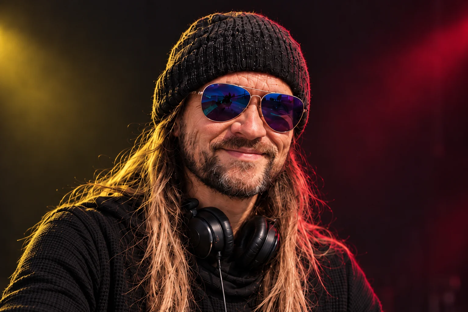 Creative portrait of James von Schmittou, VONKOSM, wearing headphones under yellow and red lighting